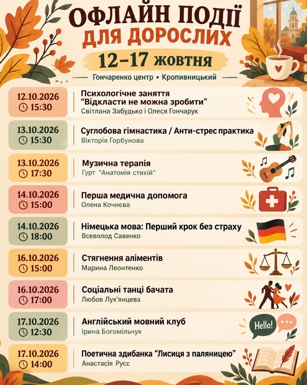 ​Розклад заходів у Гончаренко центрі у Кропивницькому 12-17 жовтня